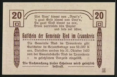 Notgeld Ried im Traunkreis 1920, 20 Heller, Kirche und Landschaftsmotiv