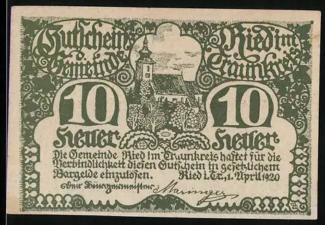 Notgeld Ried im Traunkreis 1920, 10 Heller, Kirche und Landschaftsmotiv