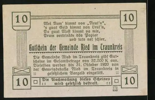 Notgeld Ried im Traunkreis 1920, 10 Heller, Kirche und Landschaftsmotiv