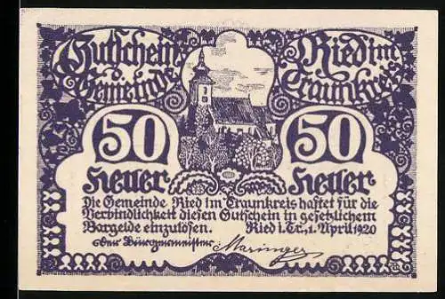 Notgeld Ried im Traunkreis 1920, 50 Heller, Kirche und dekorativer Schriftzug