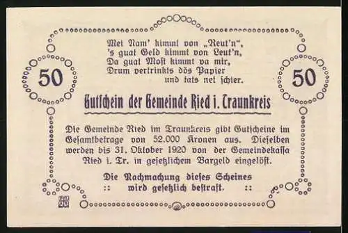 Notgeld Ried im Traunkreis 1920, 50 Heller, Kirche und dekorativer Schriftzug