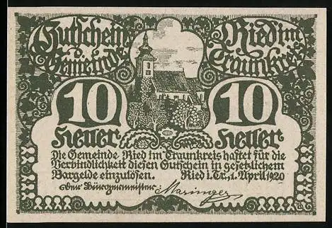 Notgeld Ried im Traunkreis 1920, 10 Heller, Kirche im Dorf, Gemeindewappen und Signatur