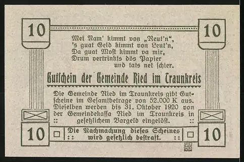 Notgeld Ried im Traunkreis 1920, 10 Heller, Kirche im Dorf, Gemeindewappen und Signatur