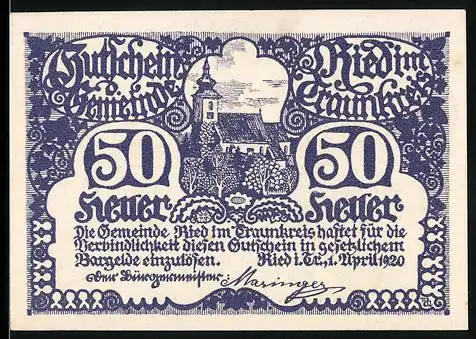 Notgeld Ried im Traunkreis 1920, 50 Heller, Kirche und Landschaftsmotiv