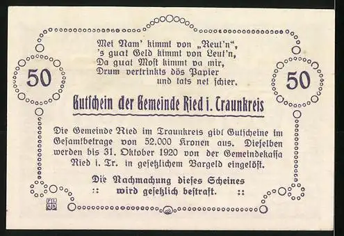 Notgeld Ried im Traunkreis 1920, 50 Heller, Kirche und Landschaftsmotiv