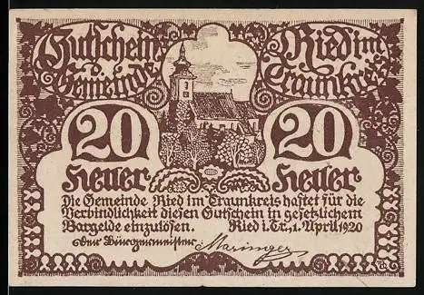 Notgeld Ried im Traunkreis 1920, 20 Heller, Kirche und Landschaftsmotiv