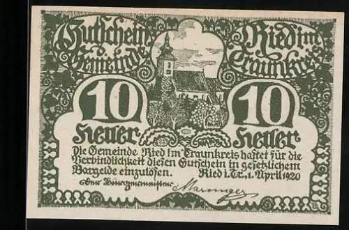 Notgeld Ried im Traunkreis 1920, 10 Heller, Kirche und Landschaftsmotiv