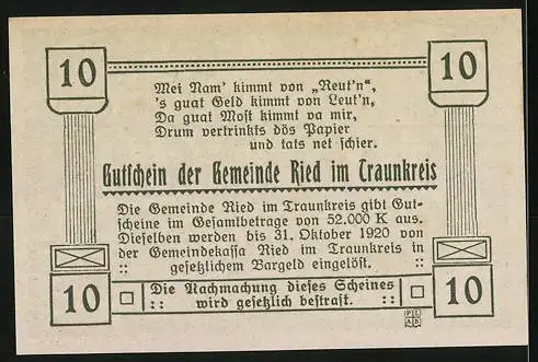 Notgeld Ried im Traunkreis 1920, 10 Heller, Kirche und Landschaftsmotiv