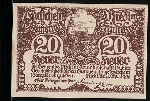 Notgeld Ried im Traunkreis 1920, 20 Heller, Kirche und Inschrift, Wappen