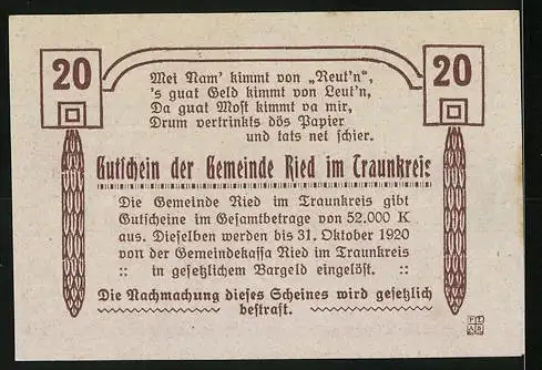 Notgeld Ried im Traunkreis 1920, 20 Heller, Kirche und Inschrift, Wappen