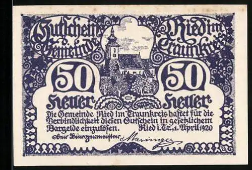 Notgeld Ried im Traunkreis 1920, 50 Heller, Kirche und dekorative Schriftzüge