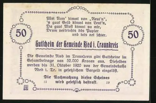 Notgeld Ried im Traunkreis 1920, 50 Heller, Kirche und dekorative Schriftzüge