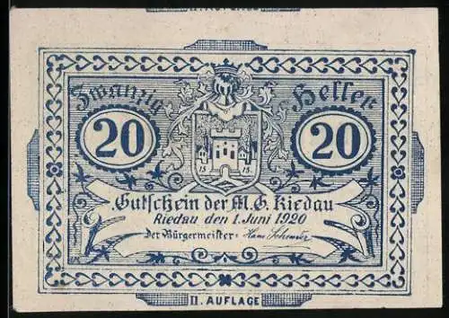 Notgeld Riedau 1920, 20 Heller, Wappen und florales Muster, II. Auflage