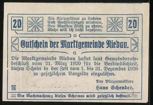 Notgeld Riedau 1920, 20 Heller, Wappen und florales Muster, II. Auflage