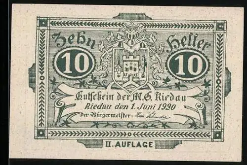 Notgeld Riedau 1920, 10 Heller, Stadtwappen und dekorative Rahmung