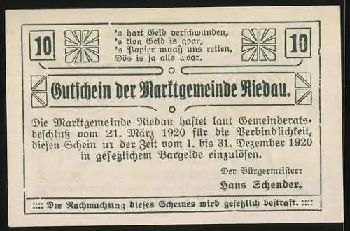 Notgeld Riedau 1920, 10 Heller, Stadtwappen und dekorative Rahmung