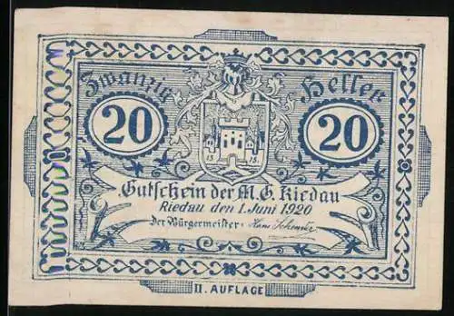 Notgeld Riedau 1920, 20 Heller, Wappen mit Burgmotiv, dekorative Umrandung