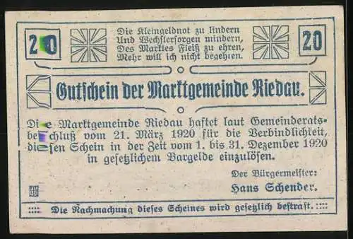 Notgeld Riedau 1920, 20 Heller, Wappen mit Burgmotiv, dekorative Umrandung