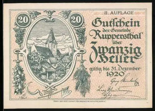 Notgeld Ruppersthal 1920, 20 Heller, Dorflandschaft mit Kirche und Weinrebenmotive