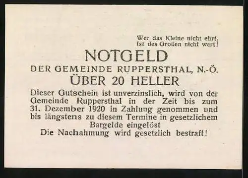 Notgeld Ruppersthal 1920, 20 Heller, Dorflandschaft mit Kirche und Weinrebenmotive