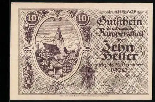 Notgeld Ruppersthal 1920, 10 Heller, Ortsansicht mit Kirche und Weintraubenornamenten