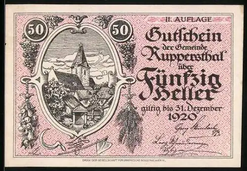 Notgeld Ruppersthal 1920, 50 Heller, Dorfszene mit Kirche und floralem Muster