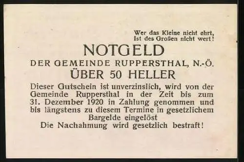 Notgeld Ruppersthal 1920, 50 Heller, Dorfszene mit Kirche und floralem Muster