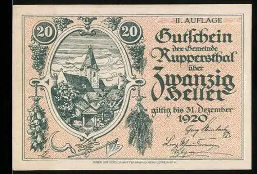 Notgeld Ruppersthal 1920, 20 Heller, Dorfansicht mit Kirche und landwirtschaftlichen Symbolen