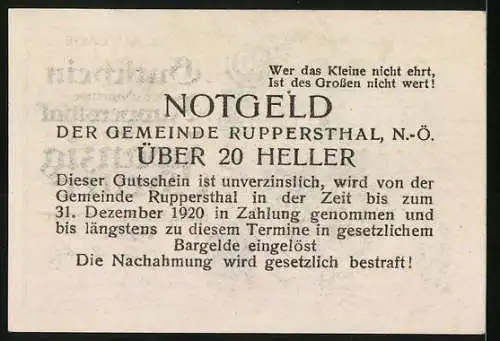 Notgeld Ruppersthal 1920, 20 Heller, Dorfansicht mit Kirche und landwirtschaftlichen Symbolen