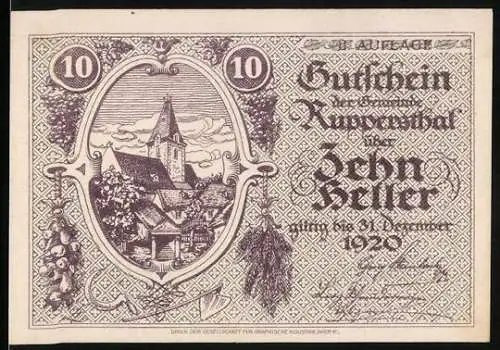 Notgeld Ruppersthal 1920, 10 Heller, Dorfansicht mit Kirche, Ornamentik und Text