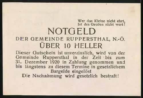 Notgeld Ruppersthal 1920, 10 Heller, Dorfansicht mit Kirche, Ornamentik und Text