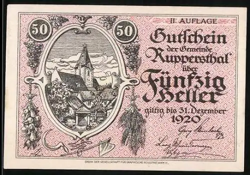 Notgeld Ruppersthal 1920, 50 Heller, Dorfansicht mit Kirche und Weinreben, Wappen