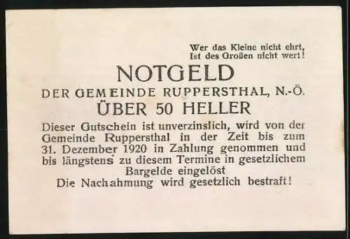 Notgeld Ruppersthal 1920, 50 Heller, Dorfansicht mit Kirche und Weinreben, Wappen