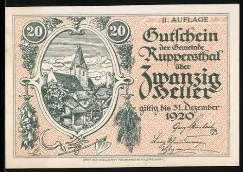 Notgeld Ruppersthal 1920, 20 Heller, Dorfszene mit Kirche und landwirtschaftlichen Motiven