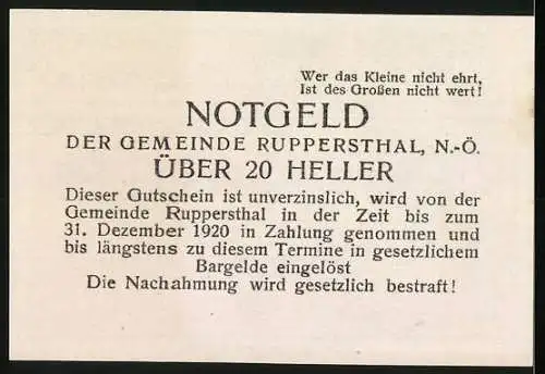 Notgeld Ruppersthal 1920, 20 Heller, Dorfszene mit Kirche und landwirtschaftlichen Motiven