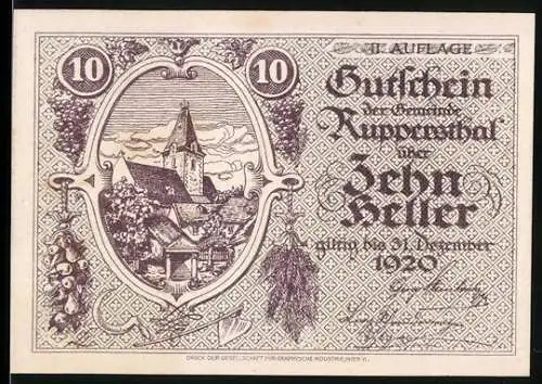 Notgeld Ruppersthal 1920, 10 Heller, Dorflandschaft mit Kirche und Traubenornamenten