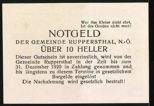 Notgeld Ruppersthal 1920, 10 Heller, Dorflandschaft mit Kirche und Traubenornamenten