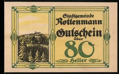 Notgeld Rottenmann 1920, 80 Heller, Landschaftsmotiv und Wappen, mit Unterschriften