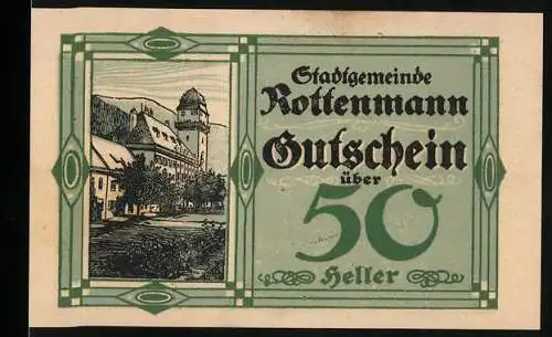 Notgeld Rottenmann 1920, 50 Heller, Stadtansicht und Wappen, Gutscheintext und Unterschriften