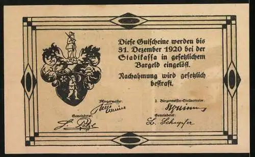 Notgeld Rottenmann 1920, 50 Heller, Stadtansicht und Wappen, Gutscheintext und Unterschriften