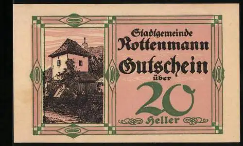 Notgeld Rottenmann 1920, 20 Heller, Wohnhaus und Wappen, Signaturen