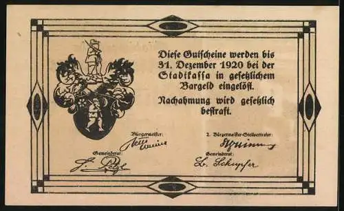 Notgeld Rottenmann 1920, 20 Heller, Wohnhaus und Wappen, Signaturen