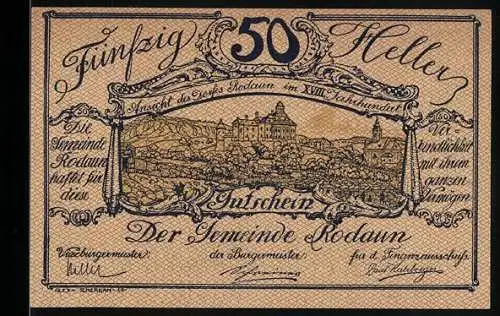 Notgeld Rodaun 1920, 50 Heller, Stadtansicht im 17. Jahrhundert, Bürgermeisterunterschrift, Rahmenornament