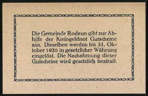 Notgeld Rodaun 1920, 50 Heller, Stadtansicht im 17. Jahrhundert, Bürgermeisterunterschrift, Rahmenornament