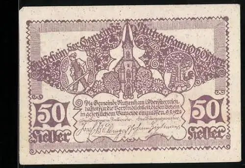 Notgeld Rutzenham 1920, 50 Heller, Kirche und verzierte Ornamente