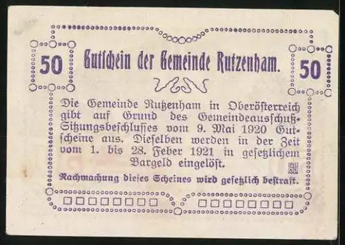 Notgeld Rutzenham 1920, 50 Heller, Kirche und verzierte Ornamente