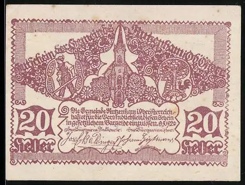 Notgeld Rutzenham 1920, 20 Heller, Kirche und florales Design