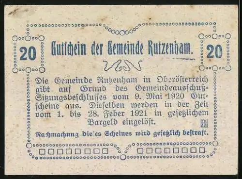 Notgeld Rutzenham 1920, 20 Heller, Kirche und florales Design