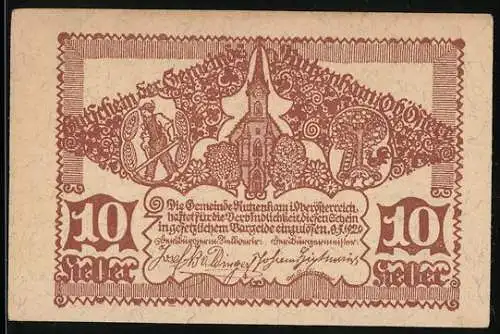 Notgeld Rutzenham 1920, 10 Heller, Kirche und Bäume, Gutschein der Gemeinde