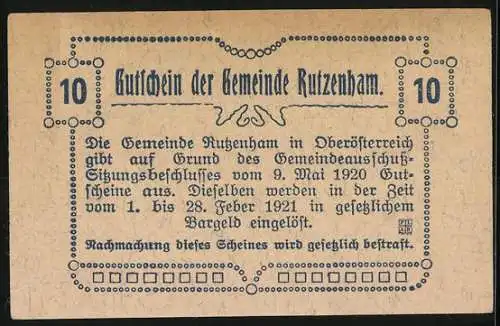 Notgeld Rutzenham 1920, 10 Heller, Kirche und Bäume, Gutschein der Gemeinde